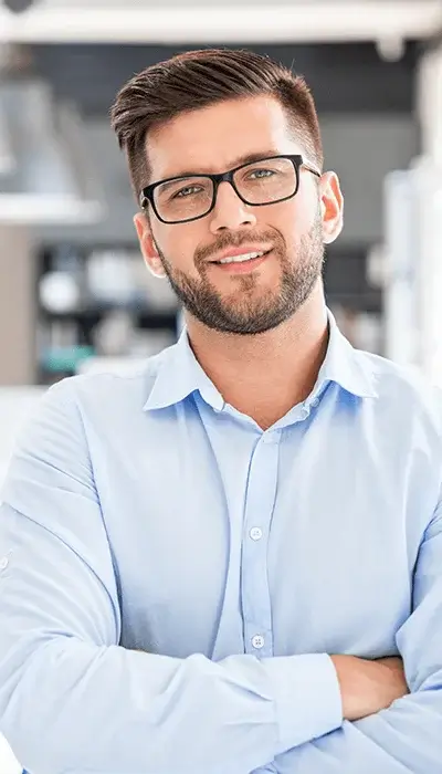 young man in blue shirt